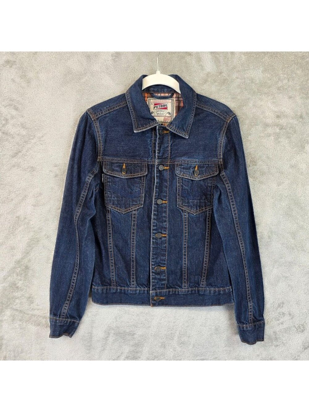 Petrol Jacket Mens Small Blue Denim Biker Moto Button Front Graphic Back